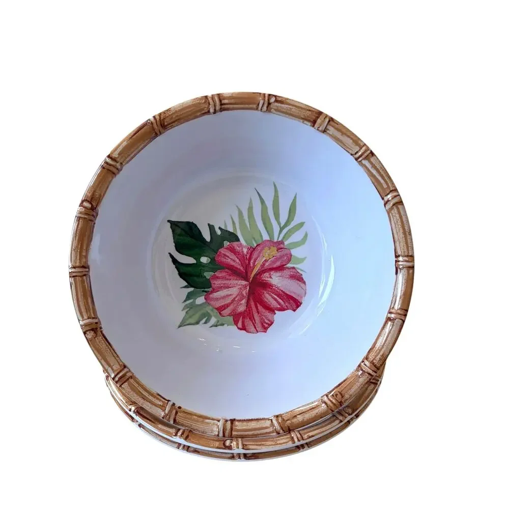 4pc Tropical Hibiscus Melamine Salad Bowls 7.5in Bamboo Rim Indoor Outdoor NEW